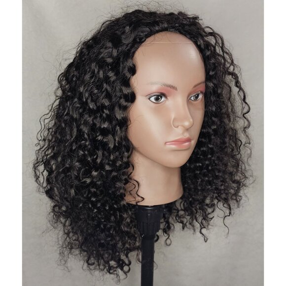 OQ Water Wave Human Hair 18" Curly Half Wig 180% Density Glueless 3 in 1 Black - Picture 1 of 9